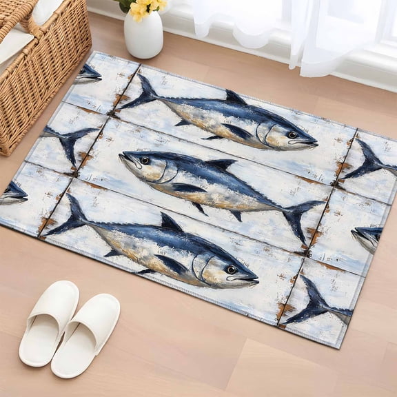 Coastal Fish Bathroom Rug Washable 2x3 Entryway Rug Non Slip Oil Painting Ocean Nautical Beach Front Door Mat Low Pile Indoor Doormat Throw Floor Carpet for Kitchen Bedroom Entrance