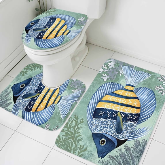 Coastal Fish Bathroom Rugs Set Summer Ocean Stripe Ombre Fish Coral Marine Life Non Slip Absorbent Soft Bath Mats 3 Piece Set with Bathroom Rug, U-Shaped Floor Mat, Toilet Seat Cover Large Size