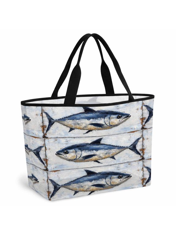 Coastal Fish Beach Bag for Women, Large Breathable Mesh Beach Tote Bag, Oil Painting Ocean Nautical Beach Sandproof Lightweight Travel Bags for Vacation Picnic Swimming Pool 15.7"x15.7"x9.1"