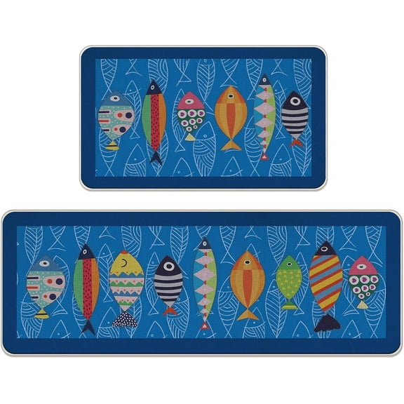 Coastal Fish Blue Kitchen Rugs Set of 2, Nautical Beach Ocean Fishes Floor Mats Decor, Farmhouse Sea Door Mat Home Decorations - 17x29 and 17x47 Inches