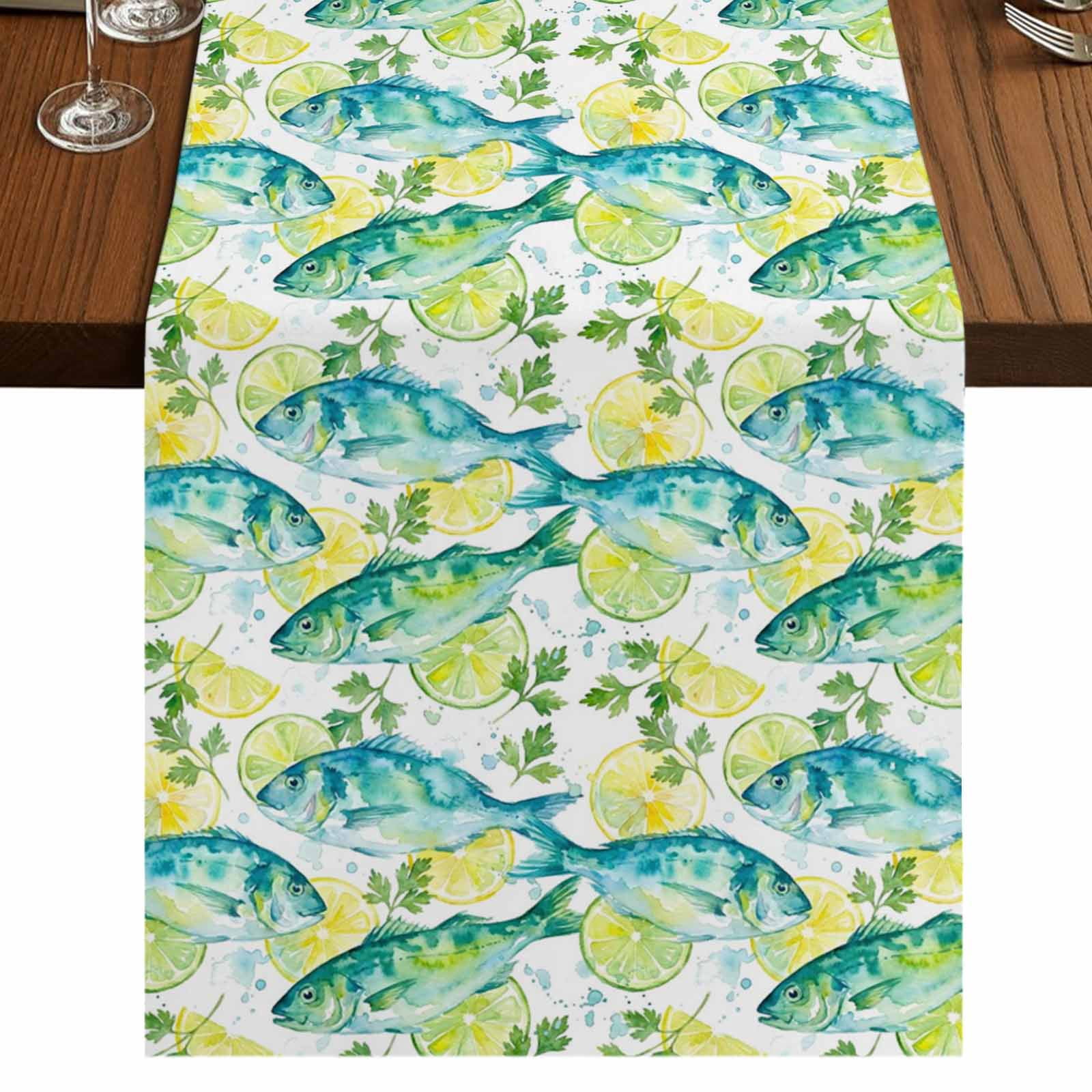 Coastal Fish Burlap Cotton Table Runner 18x72 Inches Long, Summer Ocean ...