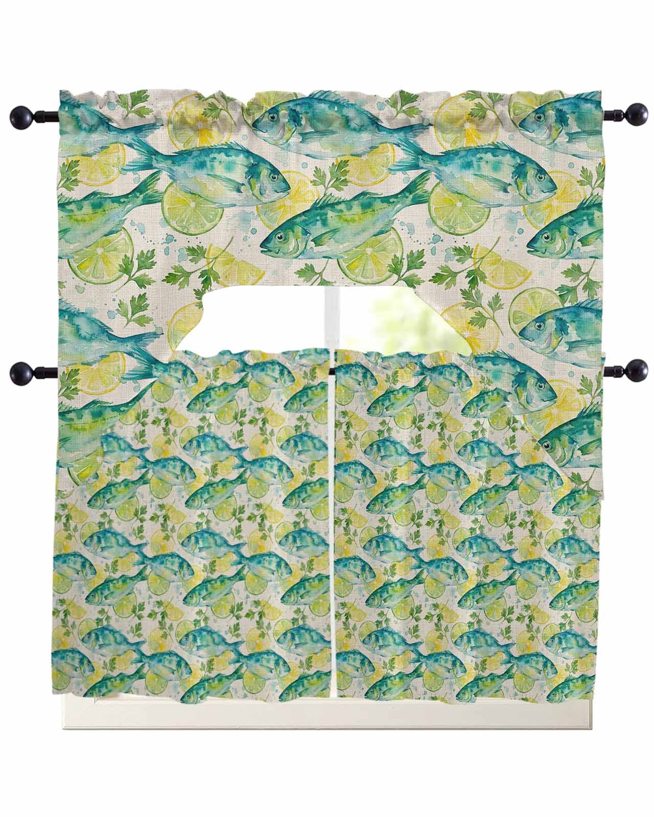 Coastal Fish Kitchen Curtains Sets 24 Inch Length with Valance, Summer ...