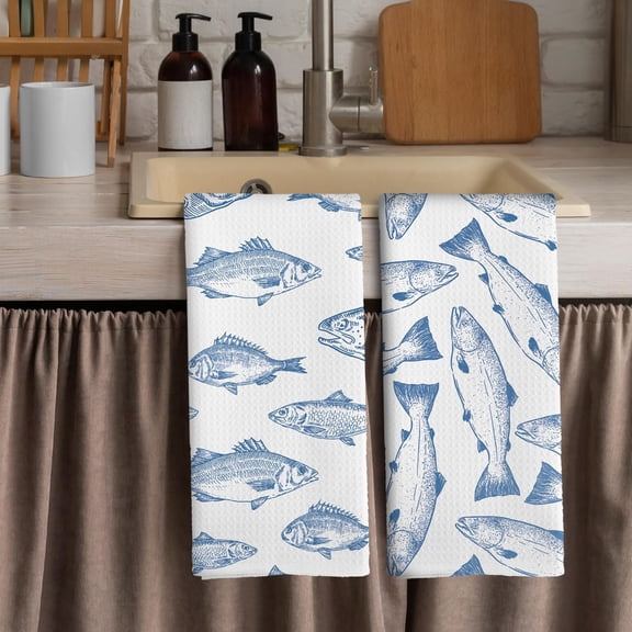 Coastal Fish Kitchen Towels - Ocean Beach Dish Towels, Blue Nautical Beachy Fish Decorative Absorbent Dishcloths Hand Towels Set of 2 for Kitchen Bathroom Decor 16x24 Inches
