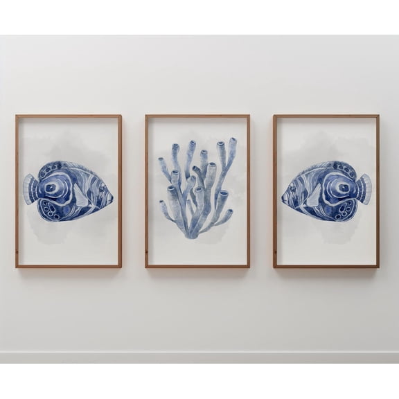Coastal Fish Navy Blue Nautical Beach House Cape Cod Airbnb Set 3 Unframed Paper Print