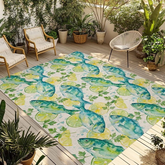 Coastal Fish Outdoor Rug for Patio/Deck/Porch, Non-Slip Large Area Rug 6 x 9 Ft, Summer Watercolor Ocean Animals Lemon Beige Indoor Outdoor Rugs Washable Area Rugs, Camping Rug Carpet Runner
