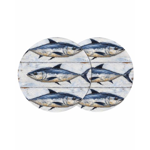 Coastal Fish Round Placemats Set of 2 for Dinning Tables,Heat-proof Braided Table Mats 13 Inch,Oil Painting Ocean Nautical Beach Washable Place Mat for Kitchen Restaurant Party Decor Table Setting