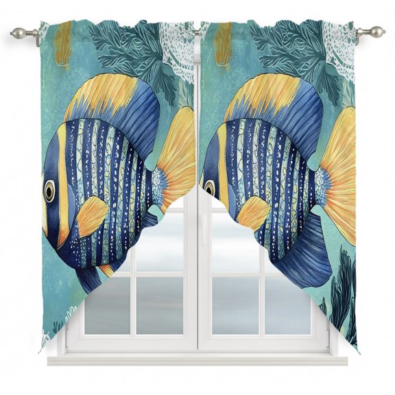 Coastal Fish Swag Curtain Valance for Window 2 Panels Summer Ocean Abstract Stripe Ombre Fish Coral Rod Pocket Small Window Swag Valances for Kitchen Bedroom Bathroom 36" W x 63" L