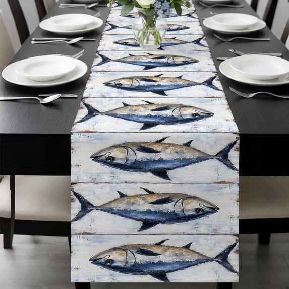 Coastal Fish Table Runner 72 Inches Long, Oil Painting Ocean Nautical ...