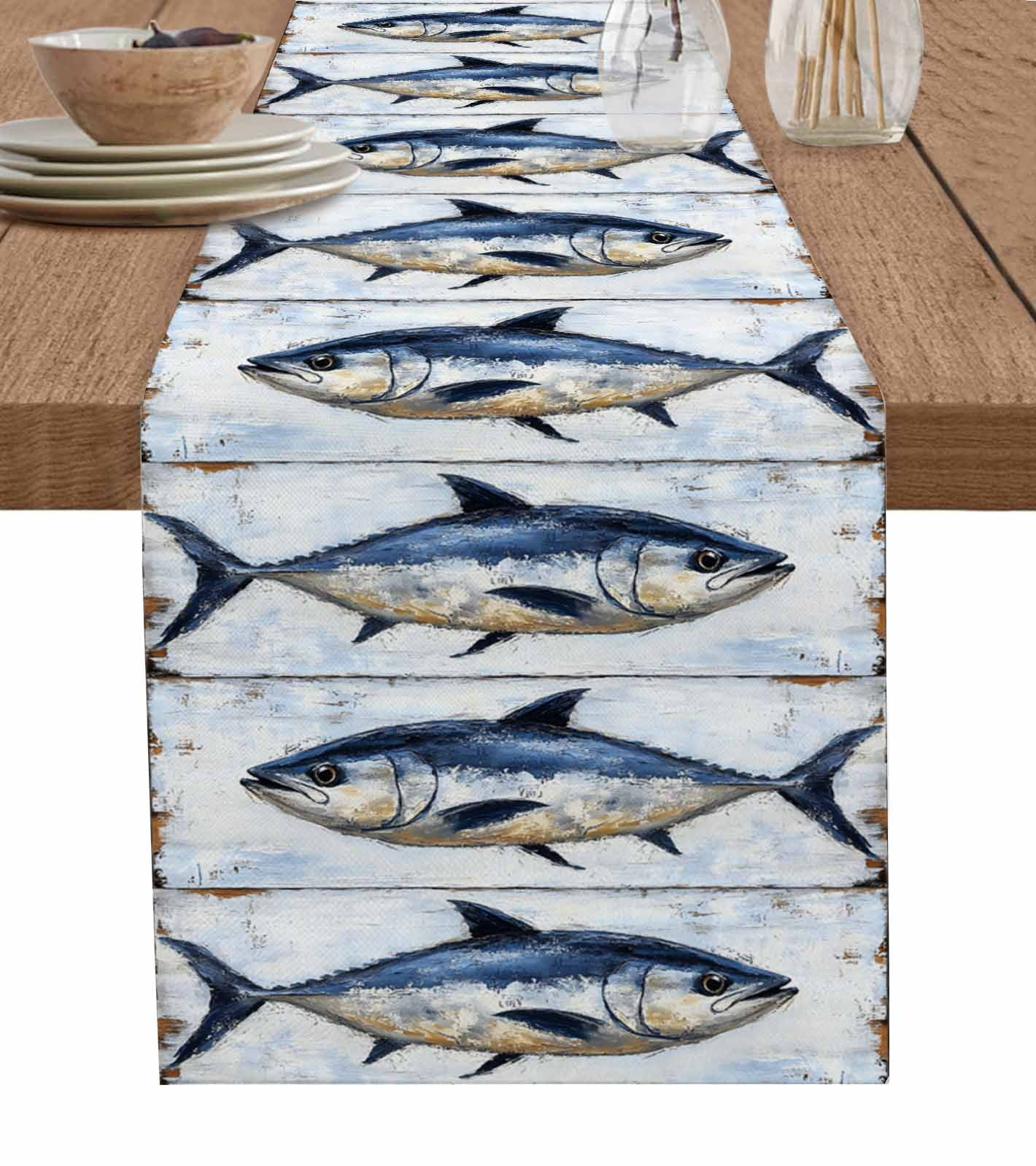 Coastal Fish Table Runner 90 Inches, Oil Painting Ocean Nautical Beach ...