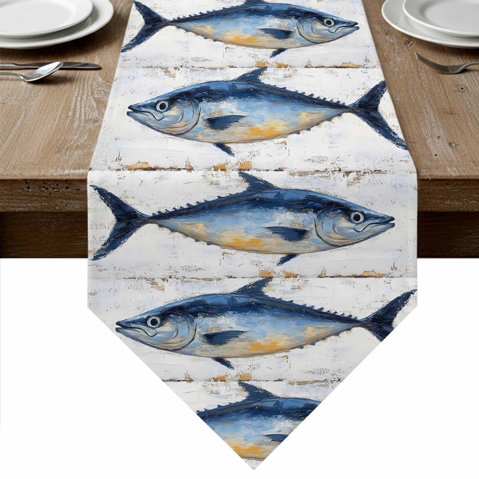 Coastal Fish Table Runner Linen Burlap Table Runner 36 Inches Small Oil ...