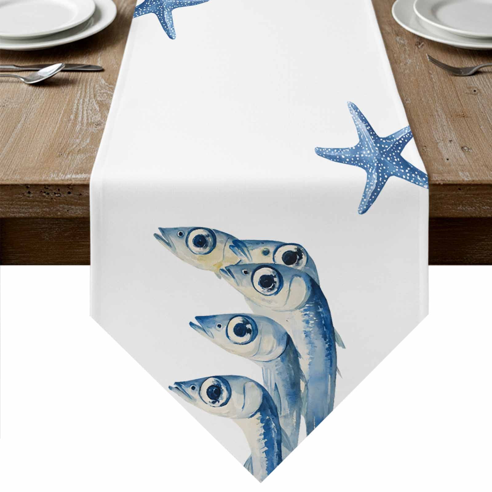 Coastal Fish Table Runner Linen Burlap Table Runner 48 Inches Long ...