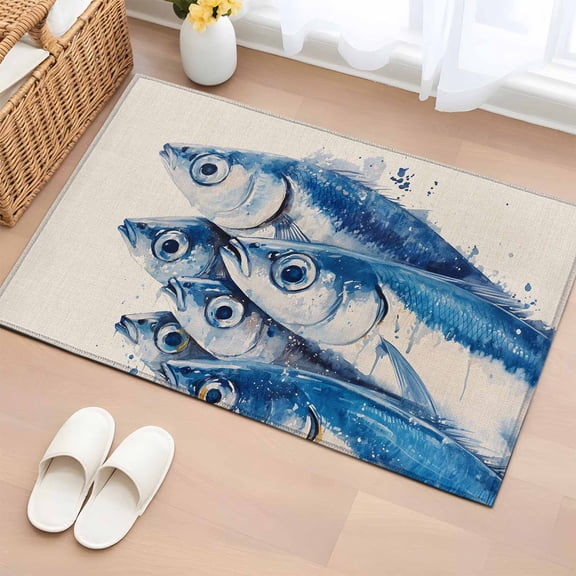 Coastal Fishes Bathroom Rug Washable 2x3 Entryway Rug Non Slip Blue Animal Watercolor Ocean Beige Front Door Mat Low Pile Indoor Doormat Throw Floor Carpet for Kitchen Bedroom Entrance