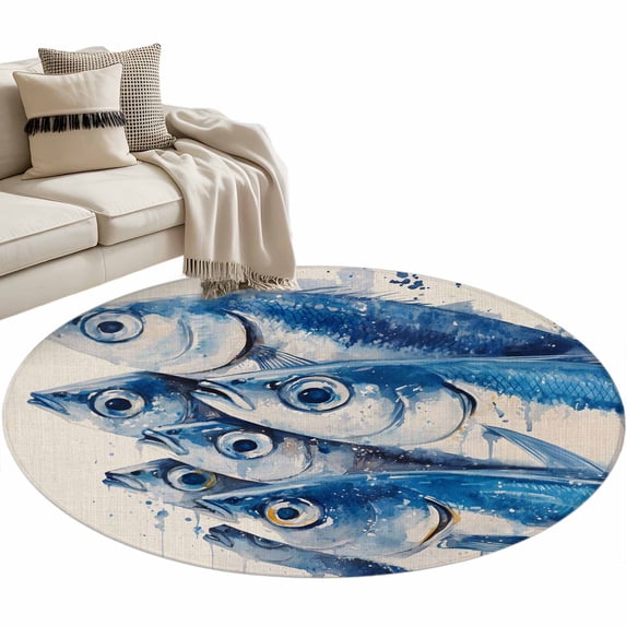 Coastal Fishes Large Area Rugs for Bedroom Living Room, Soft Non Slip Carpet Bedside Rug, Blue Animal Watercolor Ocean Beige Round Floor Cover Kitchen Accent Rug 4' for Dining Room/Office