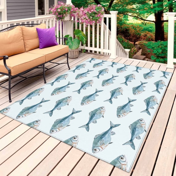 Coastal Fishes Outdoor Rug 4x6 Ft, Non Slip Washable Area Rug, Summer Watercolor Ocean Animals Patio Rugs Carpet Runner, Large Floor Mat for Indoor/Outdoor Deck Porch Camping