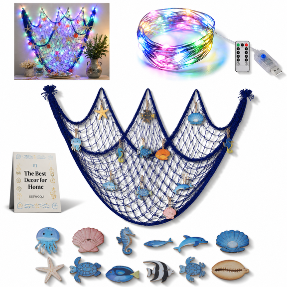 Coastal Fishing Net Wall Hanging Lighted Starfish Shell Nautical Beach Wall Decor Warm LED Lights Remote Control Ocean Theme Decorations for Living Room Bedroom Entryway Porch