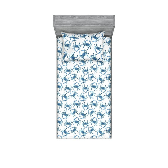 Coastal Fitted Sheet & Pillow Sham Set, Digital Drawn Crab Illustration Vintage Seashore Vibe on Plain Back, Decorative Printed 2 Piece Bedding Decor, Twin, Soft Blue Sea Blue White, by Ambesonne