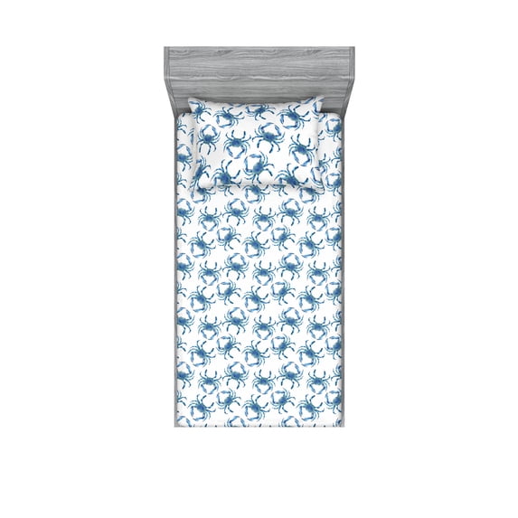 Coastal Fitted Sheet & Pillow Sham Set, Digital Drawn Crab Illustration Vintage Seashore Vibe on Plain Back, Decorative Printed 2 Piece Bedding Decor, Twinxl, Soft Blue Sea Blue White, by Ambesonne