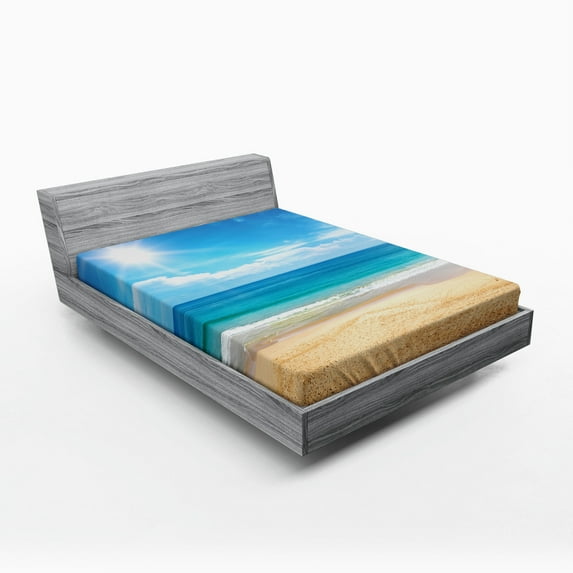 Coastal Fitted Sheet Tropical Seascape Ocean Summer Beach Sands in Hawaiian Seashore with Clear Sky, Soft Decorative Fabric Bedding, Aqua Mustard, by Ambesonne