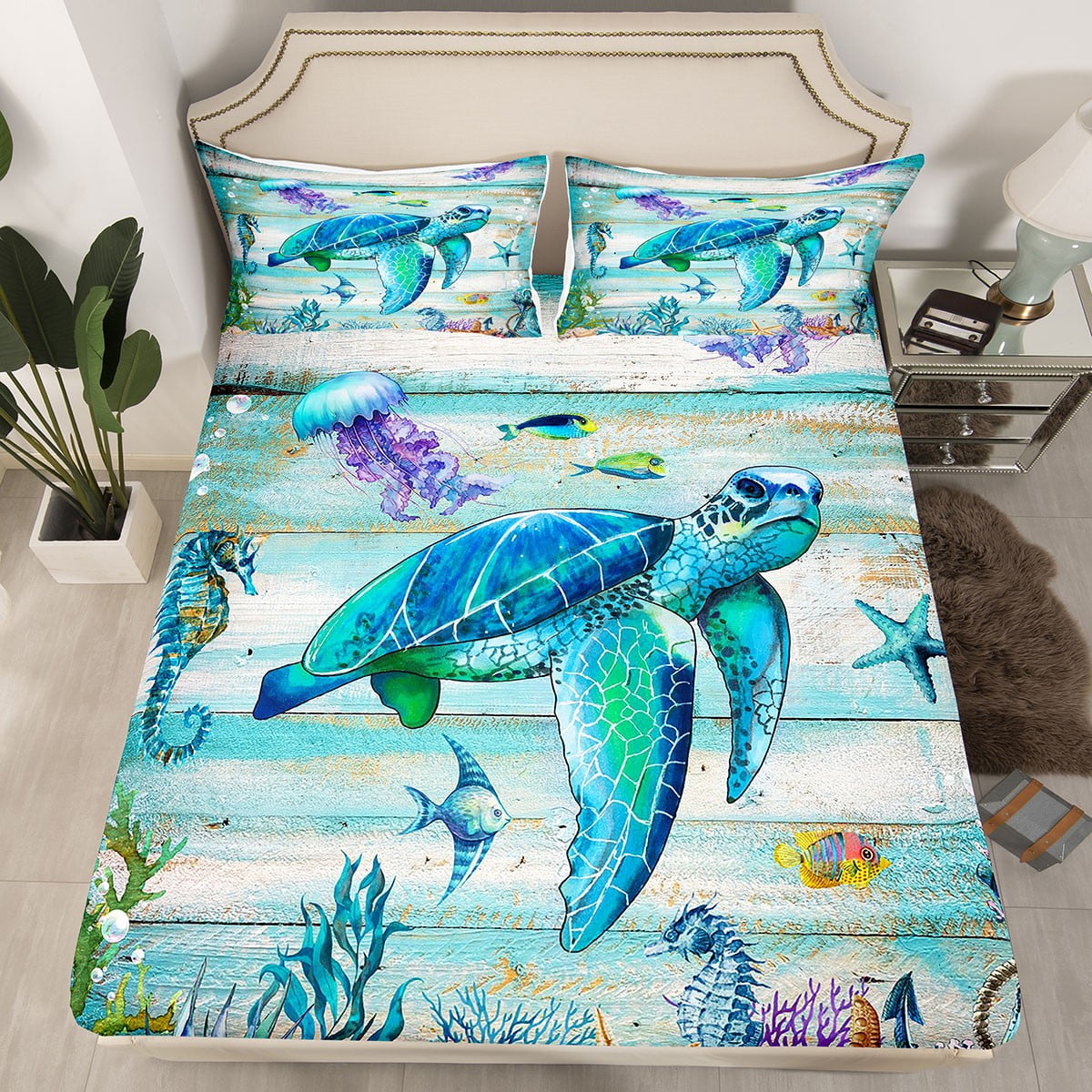 Coastal Fitted Sheet Twin,Summer Sea Turtle Jellyfish Bed Sheets for