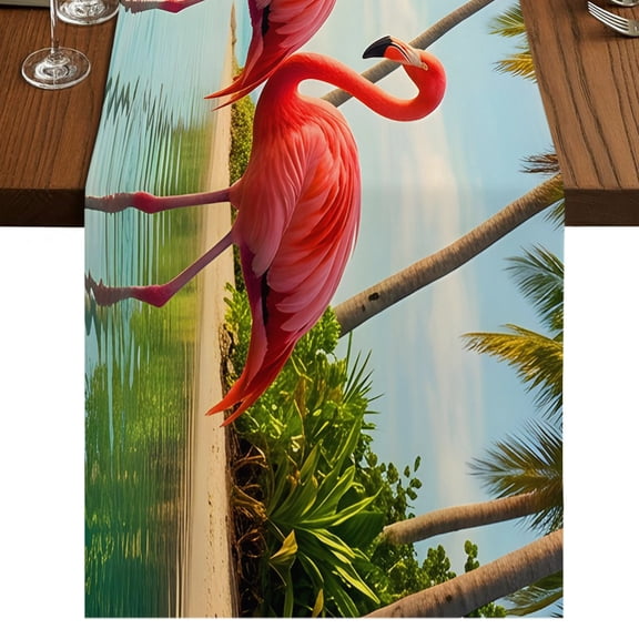 Coastal Flamingo Burlap Cotton Table Runner 13x36 Inches Short, Summer Palm Tree Botanical Tropical Farmhouse Table Runners, Outdoor Dining Table Decor for Baby Shower/Party/Wedding