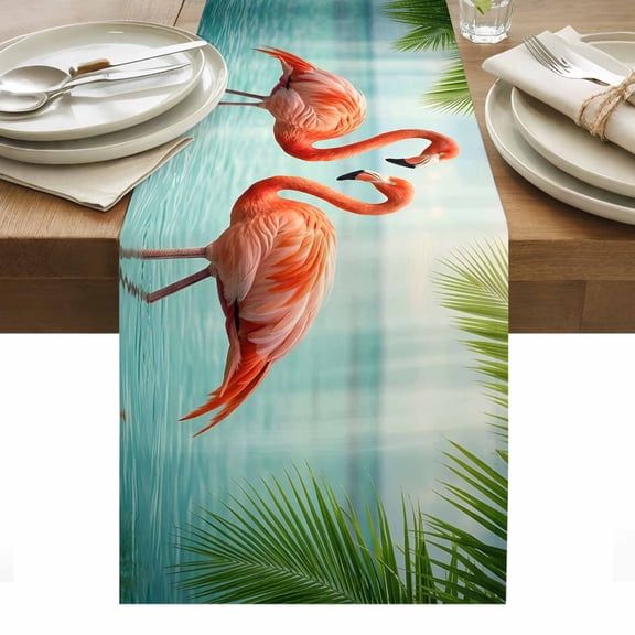 Coastal Flamingo Table Runner Summer Tropical Palm Tree Tablerunners 13 x 36 Inch, Table Decorations Tabletop Scarf for Summer Gathering Holiday Farmhouse Kitchen Dining Decor