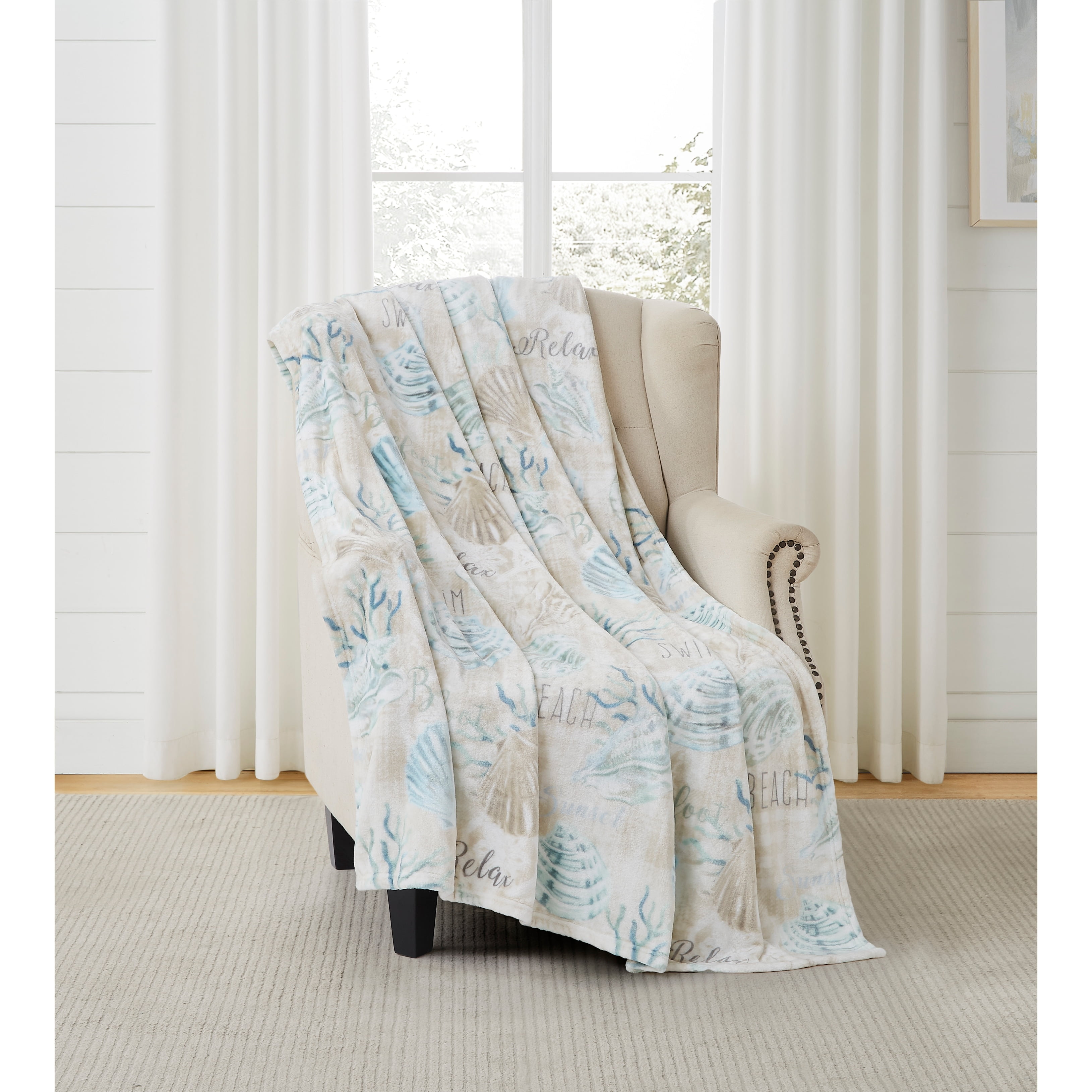 Ivory and Blue Coastal Fleece Throw Blanket 50" x 70"