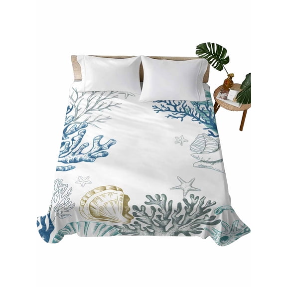 Coastal Flat Sheet Only Twin Size, Soft Breathable Bed Top Sheets for Mattress, Ocean Coral Shell Turquoise Blue Conch Luxury Bedding Flat Sheets for Home Hotel Bedroom Bed Protection