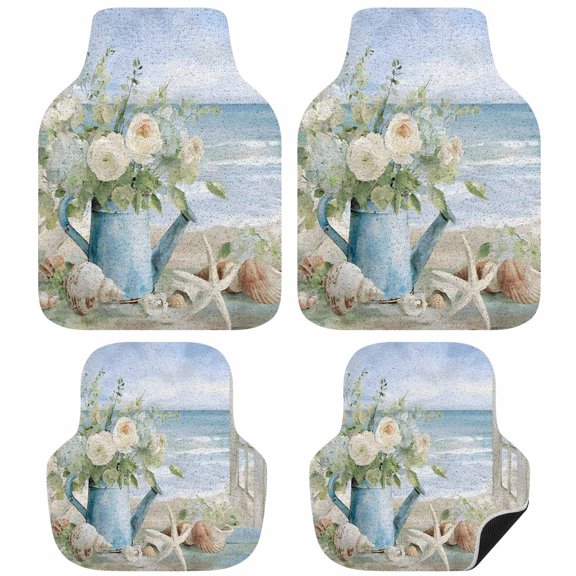 Coastal Floral Car Floor Mats 4 Pieces, Front & Rear Auto Carpet Mats Full Set with Rubber Backing, Summer Beach Starfish Seashells Ocean Universal All Weather Car Floor Protectors for SUV Truck Van