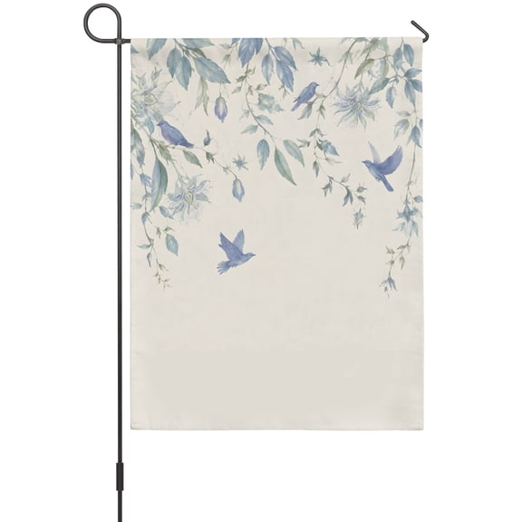 Coastal Floral House Flags For Outdoor, French Blue Birds Trailing Flower Leaf Small Double Side Yard Flags Weather Proof House Decor for Lawn Outside Holiday 28 x 40 Inches