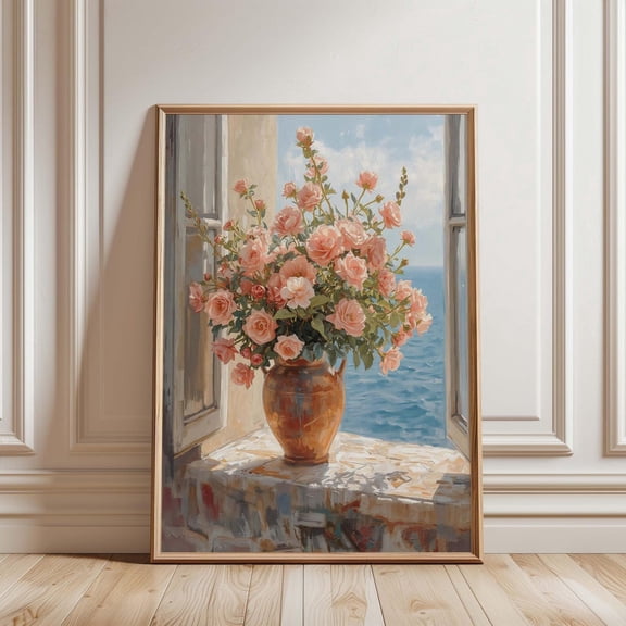 Coastal Floral Wall Art Peach Roses Ocean View Home Decor