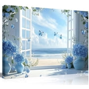 Coastal Flower Bathroom Canvas Wall Art Farmhouse Cotton Bouquet And Butterfly Window Rustic Blue Beach Style for Living Room Bedroom Restroom Beach House Coastal Themed Interior Decor