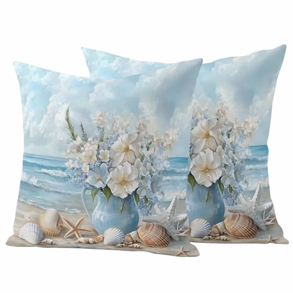 Coastal Flowers Outdoor Waterproof Pillow Covers, Blue Ocean Starfish Shell Beach Scenery Decorative Square Throw Pillowcase Sofa Cushion Sham for Patio/Couch/Chair, 16"x16" 2 Pack