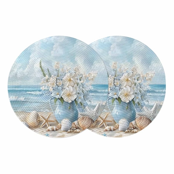 Coastal Flowers Round 13 Inch Placemats Set of 2, Blue Ocean Starfish Shell Beach Scenery HeatResistant Non Slip Place Mats for Dining Table, Wipeable Braided Kitchen Table Mats for Housewarming