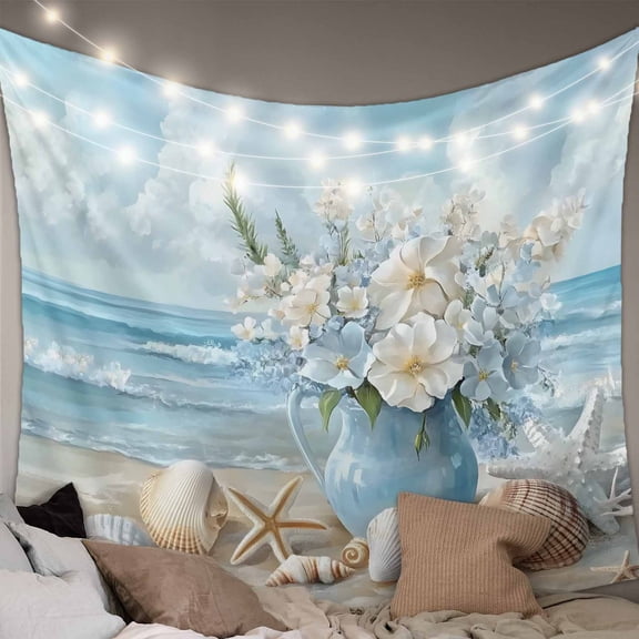 Coastal Flowers Tapestry for Bedroom Wall Hanging Tapestry, Blue Ocean Starfish Shell Beach Scenery Ceiling Backdrop Tapestries Poster Blanket Wall Decor for Teens Room Living Room Dorm 59" x 79"