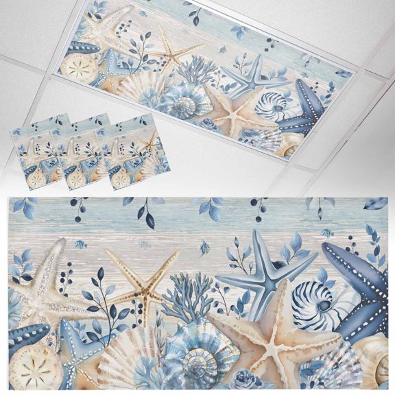 Coastal Fluorescent Light Covers Ocean Blue Beige Starfish Shells Leaves Wood Grain Magnetic Light Filters Ceiling Lighting Panel Shade for Classroom Office Home 2 x 4 ft, 3 Pack