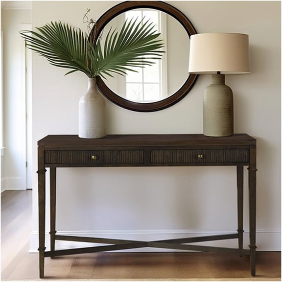 Coastal Fluted 2-Drawer Storage Console Table with Antique Brass Knobs for Entryway