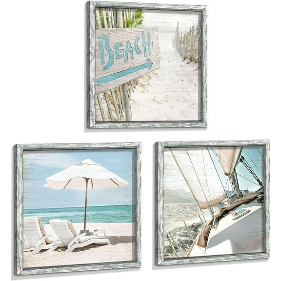Coastal Framed Wooden Wall Art: Ocean Pictures Sailboat Art Prints Beach Artwork Collection Set of 3 Seascape Decorations for Home