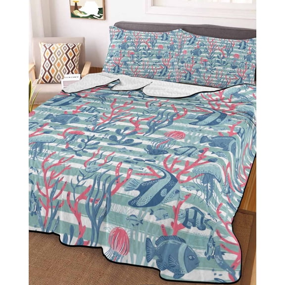 Coastal Full Size Down Alternative Comforter, Lightweight Comforter Quilt Bedding Set with Pillow Shams Summer Coral Tropical Jellyfish Stripe Fish All Seasons Bed Comforter Duvet Insert 78"x90"