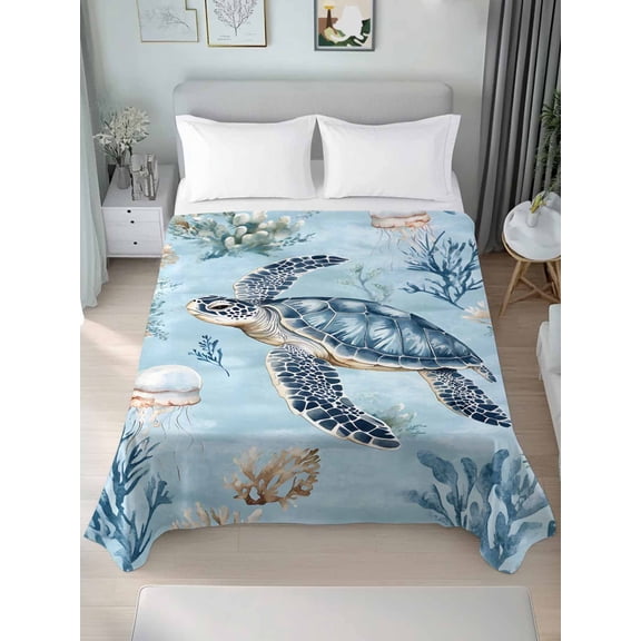 Coastal Full Size Flat Sheet, Wrinkleproof & Fadeproof Cooling Flat Bed Sheet Only, Sea Turtle Summer Beach Nautical Coral Breathable Soft Bedding Top Sheets 81 x 96 Inches