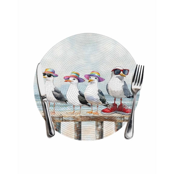 Coastal Funny Round Table Placemats 1 pc, Watercolor Seagull Ocean Beach Washable Woven Place Mats for Dining Tables Kitchen Party Decor,Heat Proof, 13in, White Aqua