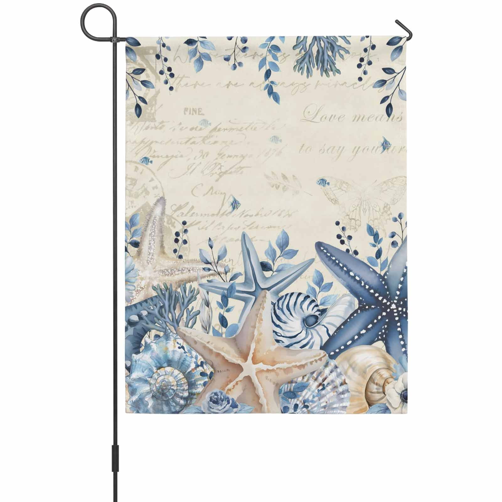 Coastal Garden Flag 12 x 18 Inches, Ocean Blue Beige Starfish Shells ...