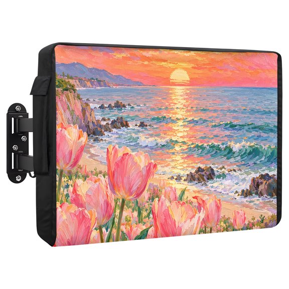 Coastal Garden Waterproof Outdoor TV Cover, Pink Tulips Green Leaves Ocean Coast Botanical Outside Weatherproof TV Enclosures for 30 to 32 Inch LCD Television Shield Flat Screen Protectors