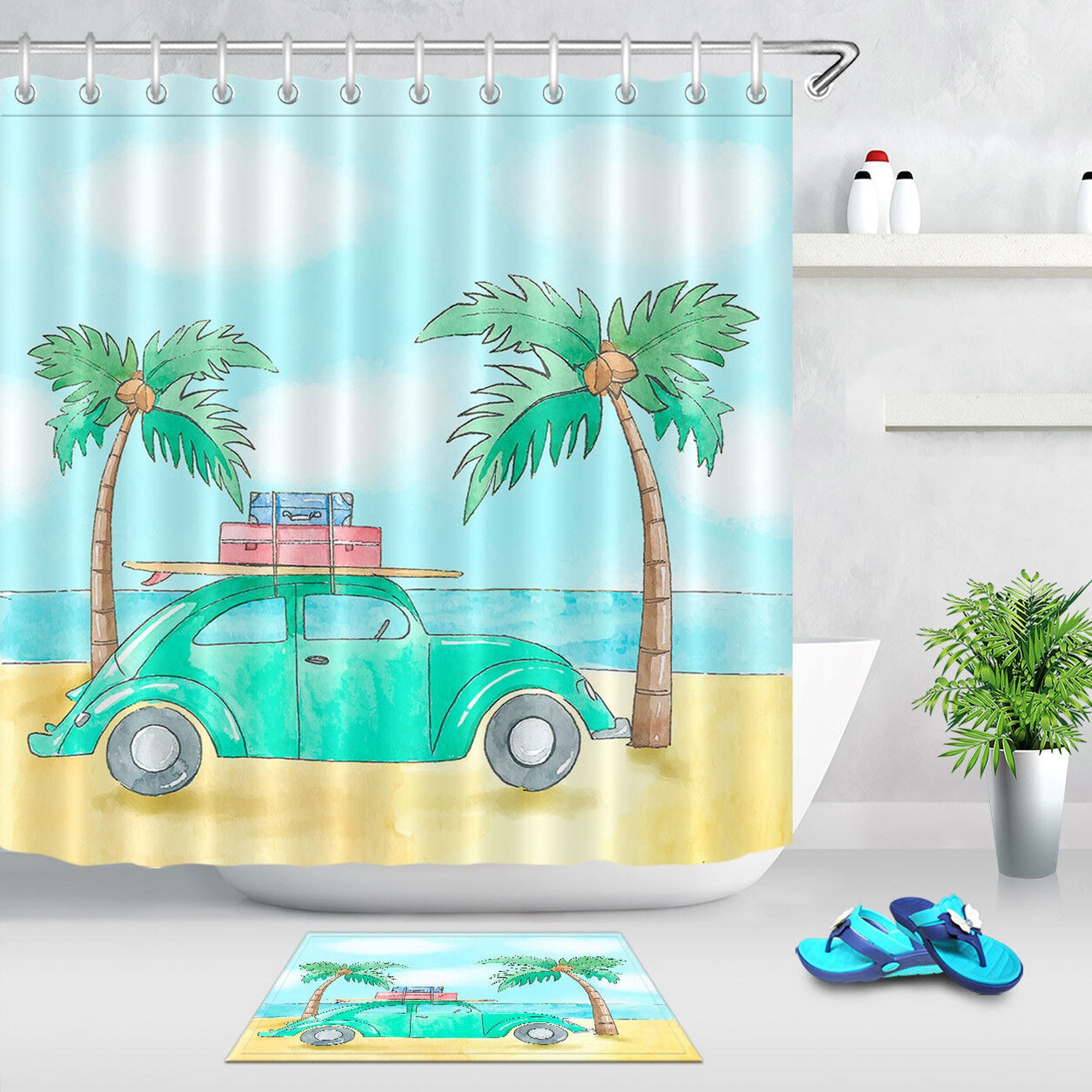 Coastal Getaway Bathroom Set Beach Shower Curtain, Liner, and Hooks
