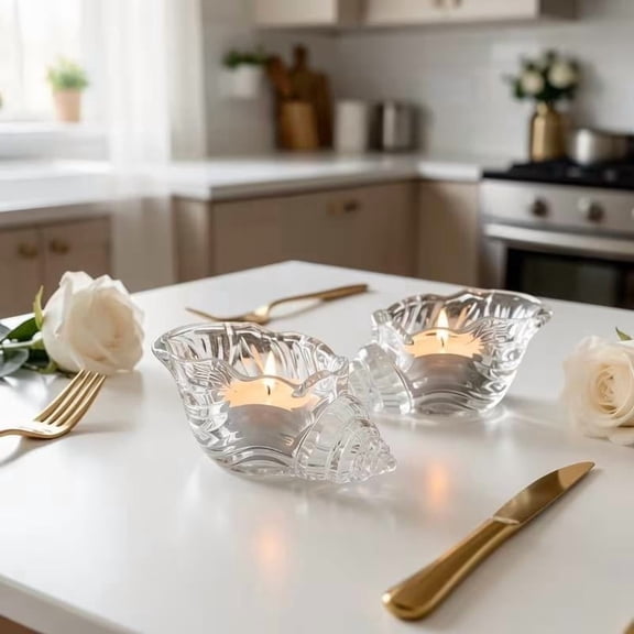 Coastal Glass Shell Candle Holders Set of 2 for Home Decor