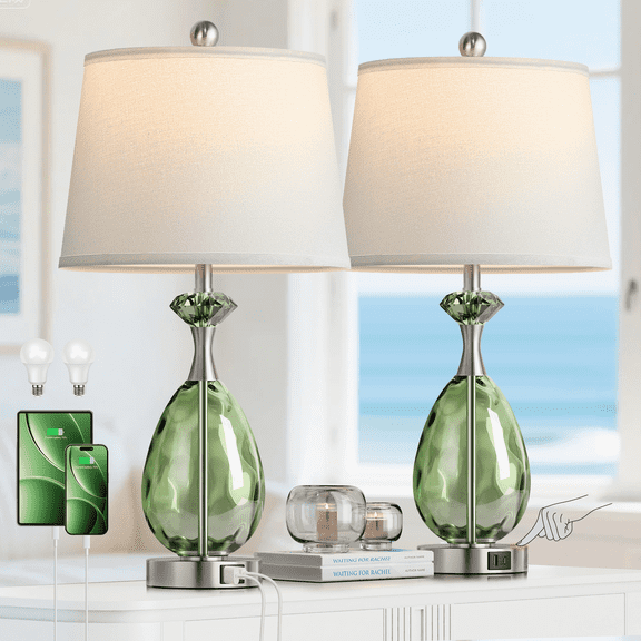 Coastal Glass Table Lamps Set of 2, 3-Way Dimmable Touch Control Bedside Lamp with USB A+C Ports