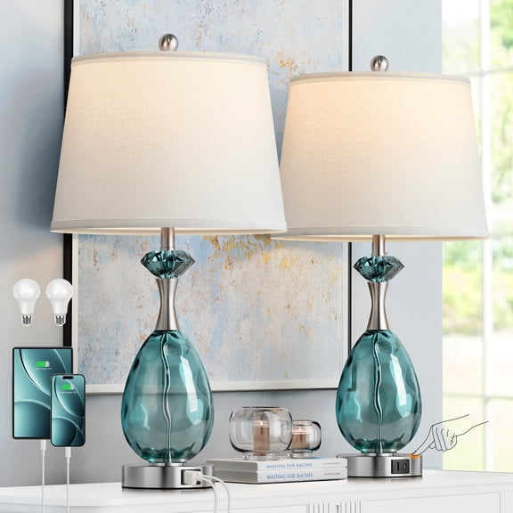 Coastal Glass Table Lamps Set of 2, 3-Way Dimmable Touch Control Bedside Lamp with USB A+C Ports