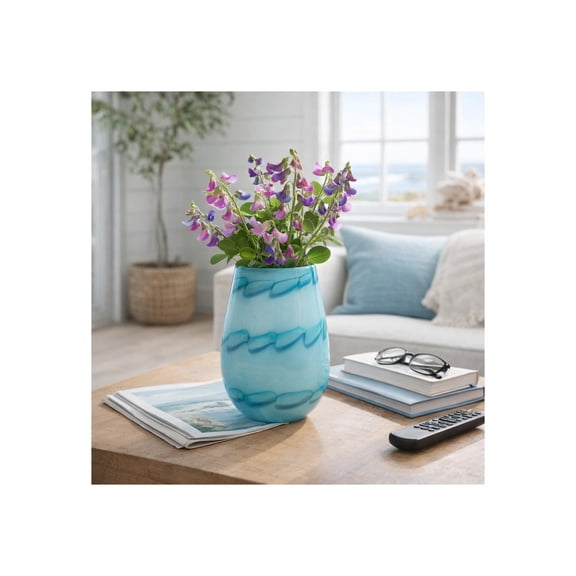 Decorative Glass Vase for Living Room Decor - Coastal Flower Vase for House, Bedroom, or Office Bookcase Display - Home Decor Accent for Dining Room Table or Bathroom Styling - 9", Blue