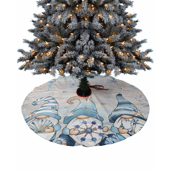Coastal Gnomes Christmas Tree Skirt 48 Inches Large Christmas Skirt Tree, Nautical Beach Starfish Coral Blue Vintage Tree Skirt Christmas Decorations for Fireplace Party Holidays Indoor Outdoor