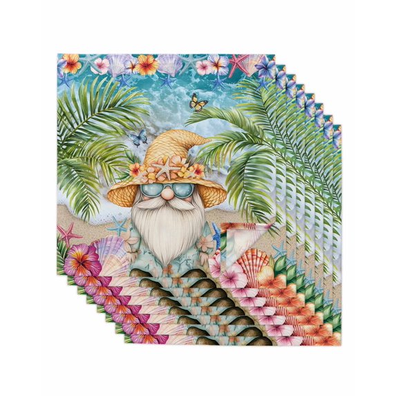 Coastal Gnomes Cloth Napkins Set of 8 Reusable Dinner Napkins, Tropical Palm Tree Beach Flowers Butterfly Cocktail Napkin Washable Table Napkins for Wedding/Holiday Party/Baby Shower 20"x20"