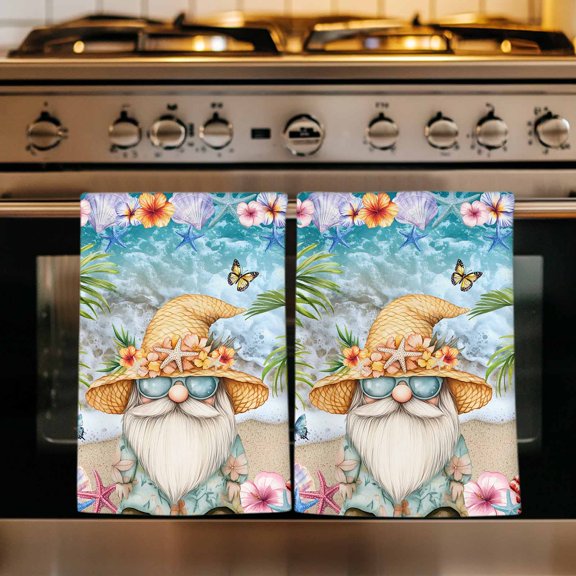 Coastal Gnomes Kitchen Towels Set of 4, Tropical Palm Tree Beach Flowers Butterfly Absorbent Dish Towels for Kitchen, Microfiber Hand Towel, Quick Drying Tea Towel for Cleaning Decorative Dishcloths